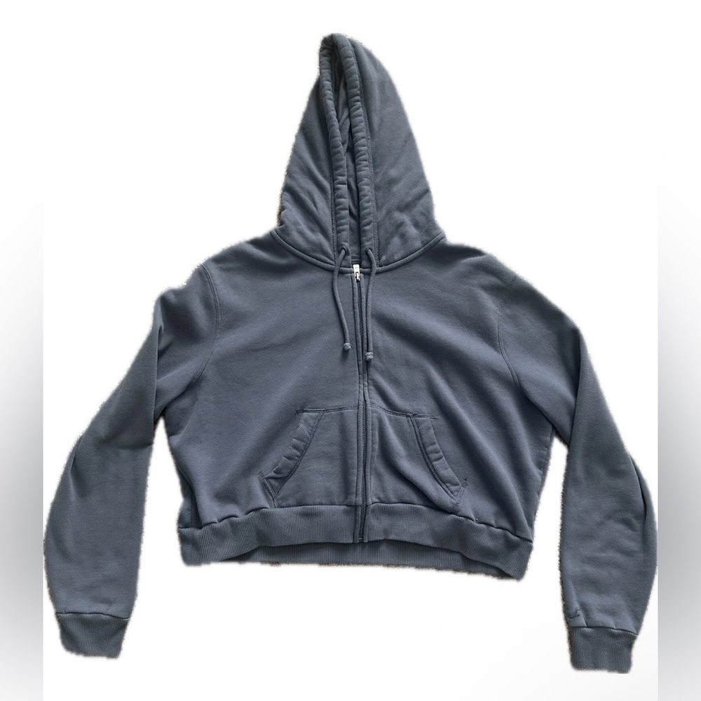 Hollister Women's Zip-Up Crop Hoodie Dusty Blue Size XL